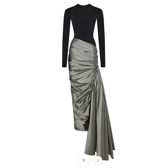 RASARIO: Designer Black and Silver draped silk-blend maxi gown - Picture 7 of 8